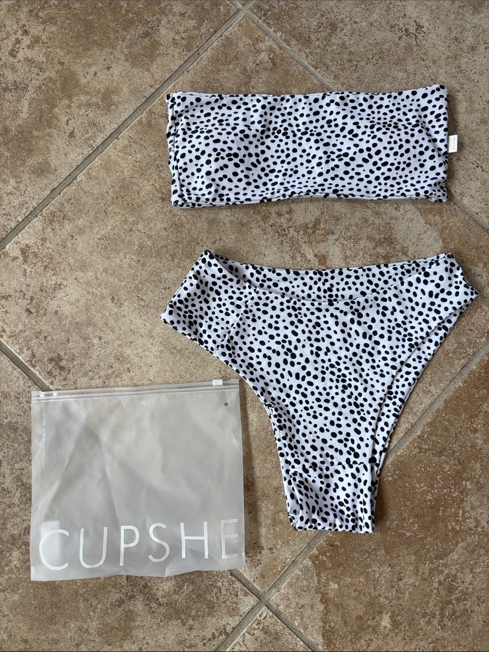 Cupshe White and Black Dalmatian-Spot Bandeau Bikini